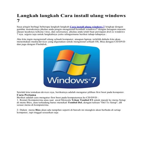 Langkah Langkah Cara Install ulang Windows 7