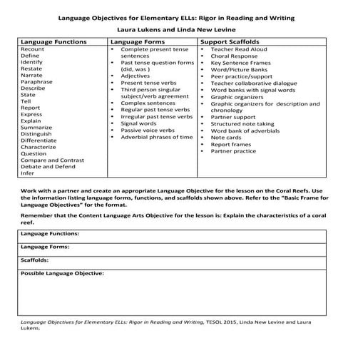 Language Objectives Framework Worksheet