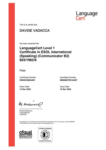 LanguageCert ESOL International B2 Davide Vadacca PDF LanguageCert ESOL International B2 Davide Vadacca PDF