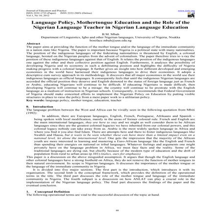 Language policy, mothertongue education and the role of the nigerian language...