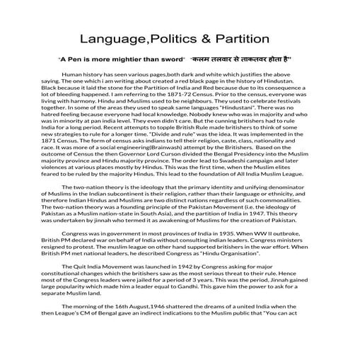 Language, Politics and Partition