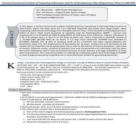 Techno Commercial Analysis of Importing Indonesian Coal For Krishnapatnam Ultra Mega Power Plant - 6 x 660 MW