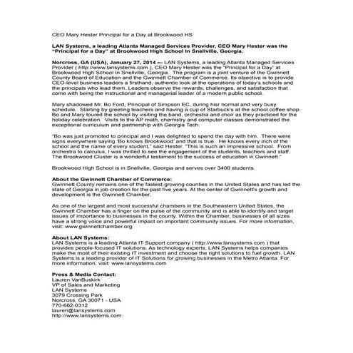 CEO Mary Hester Principal for a Day at Brookwood HS