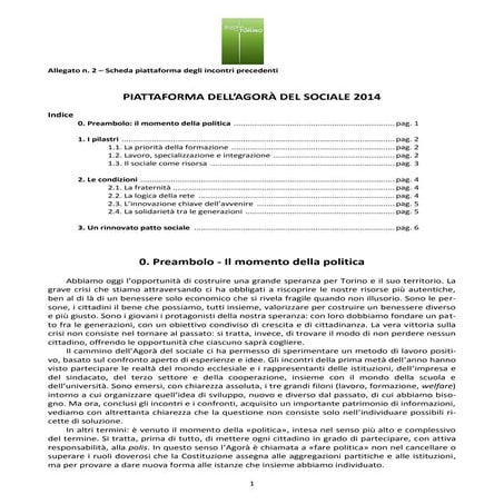 La piattaforma dell'agorà sociale della diocesi di torino 2014