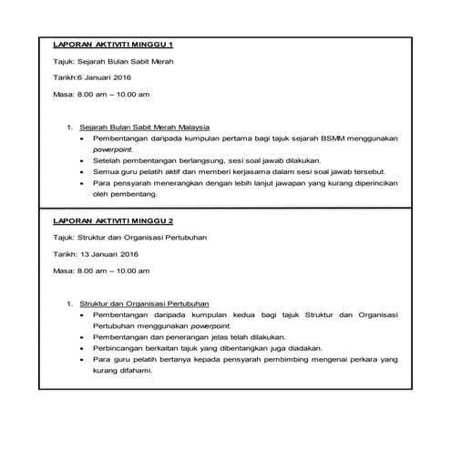 Contoh Laporan Aktiviti Mingguan PBSM