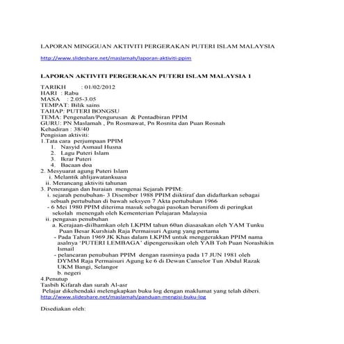 Laporan  aktiviti mingguan  ppim