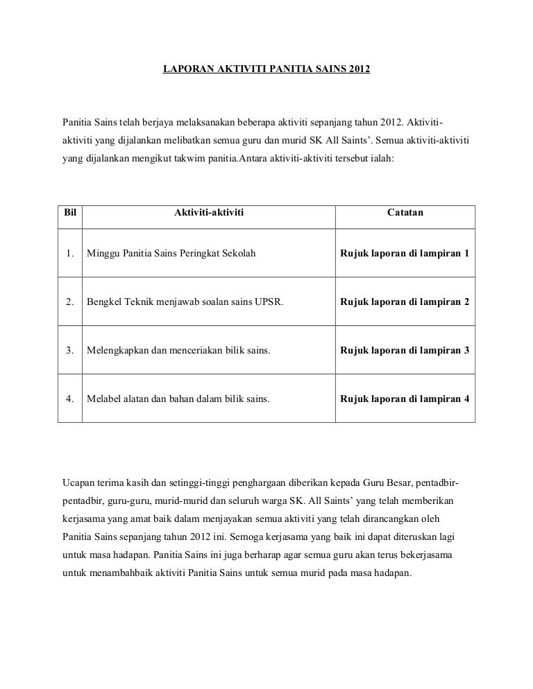 Laporan Aktiviti Panitia Sains 2012