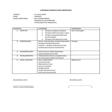 Laporan harian guru bertugas