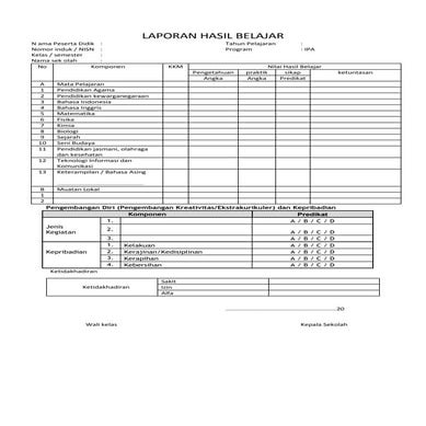 Format Buku Raport SD Kurikulum 2013 beserta contoh isinya | DOC