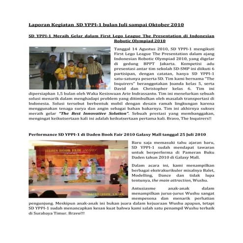 Laporan kegiatan sd yppi 1 juli-oktober 2010