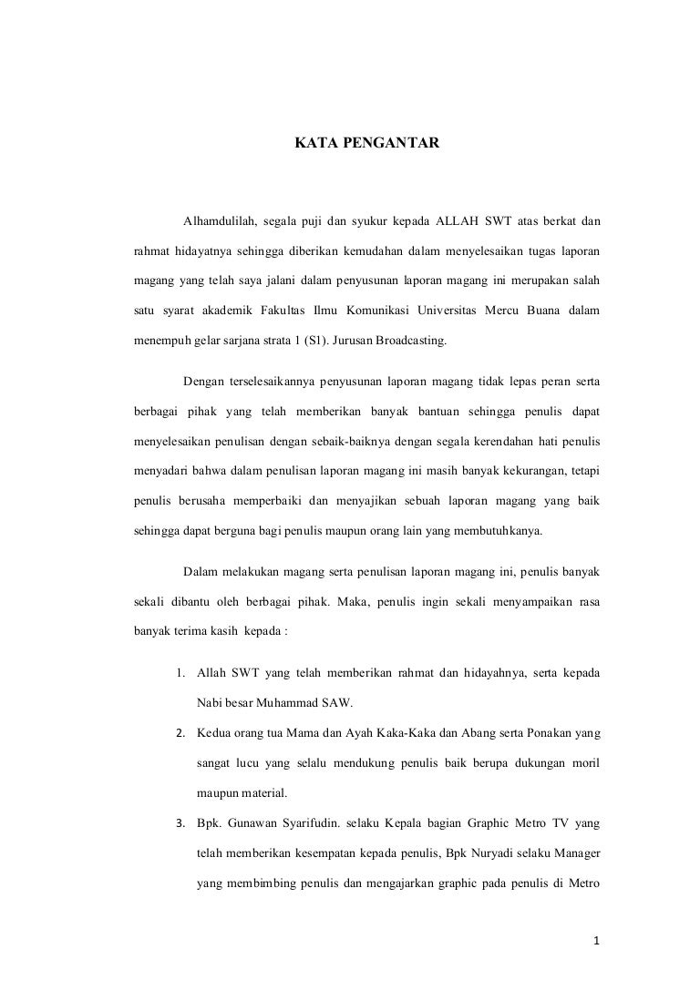 Contoh Kata Pengantar Laporan Magang Mahasiswa Ilmu