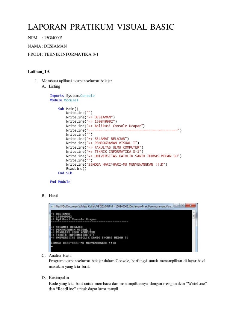 Laporan Pratikum 1 Semester Listing Program Pratikum Visual Basic 2