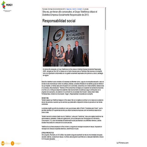 El Grupo Telefónica obtuvo el Distintivo Empresa Socialmente Responsable por ...