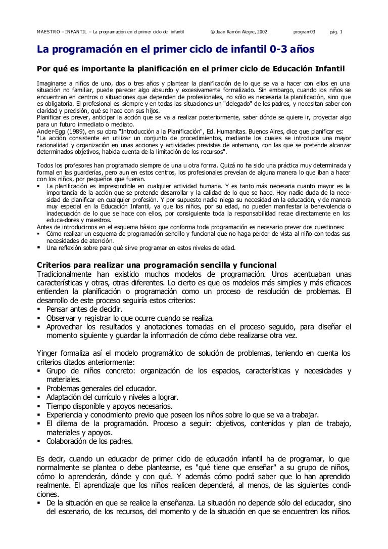 La Programación En El Primer Ciclo De Infantil 0 3 Años