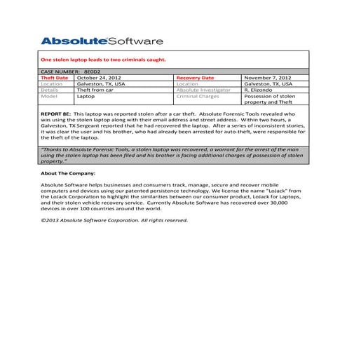Laptop Theft Recovery Case from Absolute Software – Case Number 8E0D2