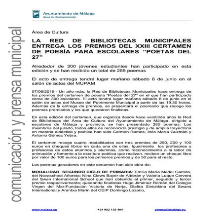 LA RED DE BIBLIOTECAS MUNICIPALES ENTREGA LOS PREMIOS DEL XXIII CERTAMEN DE P...