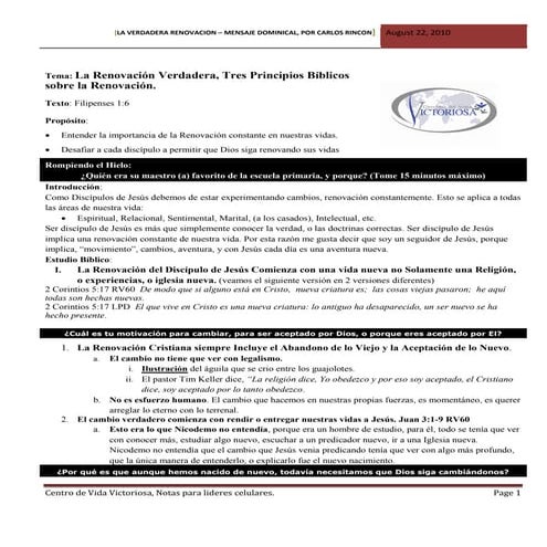 La renovación verdadera, tres principios bíblicos sobre la renovación notas d...