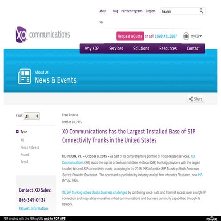XO Communications has the Largest Installed Base of SIP Connectivity Trunks i...