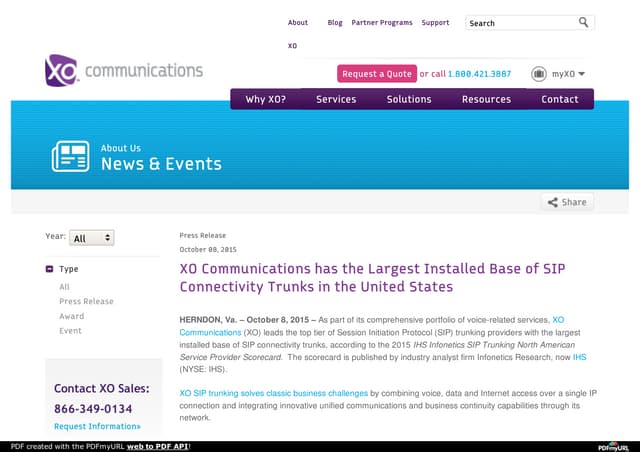 XO Communications has the Largest Installed Base of SIP Connectivity Trunks in the US
