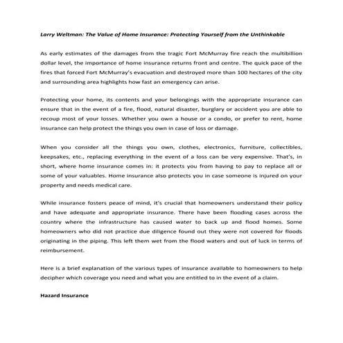 Larry Weltman, the value of home insurance protecting yourself from the unthinkable