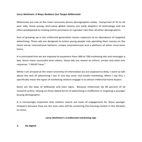 Larry Weltman, 3 Ways Realtors Can Target Millennials