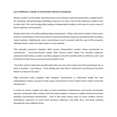 Larry Weltman, A Guide on Commission Advance Companies