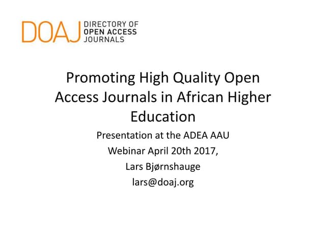 Promoting High Quality Open Access Journals in African Higher Education