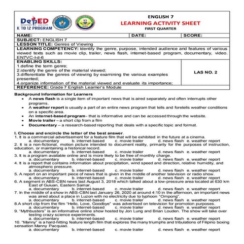 English 7 Learning Activity Sheet Quarter 1 Week 2 | DOCX