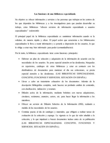 Las funciones de una biblioteca especializada