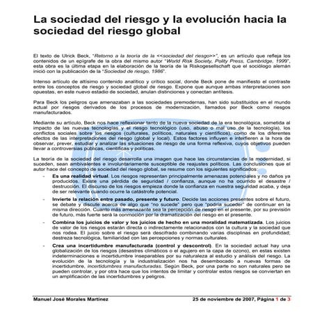 La sociedad del riesgo y la evolución hacia la sociedad del riesgo global