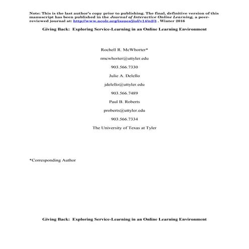 Giving Back: Exploring Service-Learning in an Online Environment