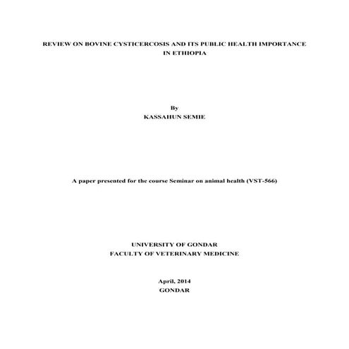 Review on Bovine Cysticercosis and its Public health importance in Ethiopia  ...