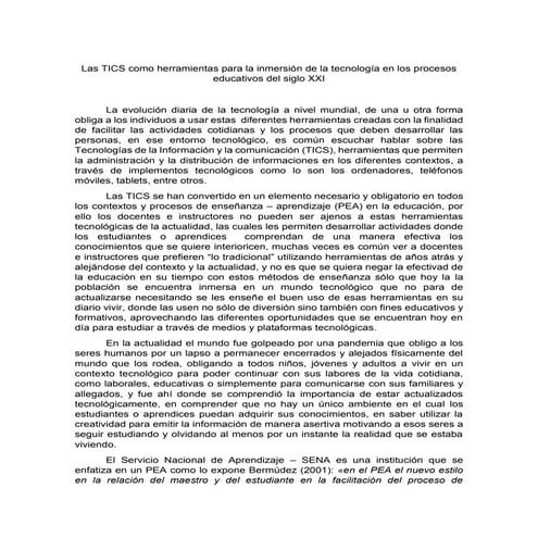 Las tics como herramientas para la inmersión de la tecnología en los procesos...