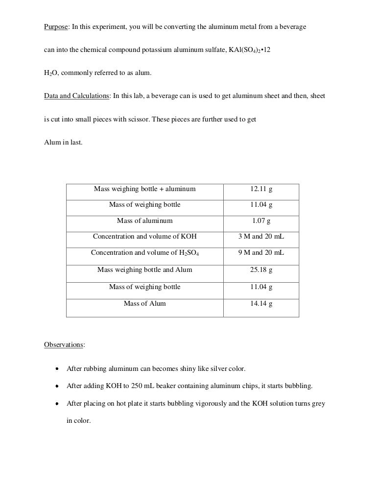 Lab Report On Synthesis Of Alum Using Aluminum Lab Report On Synthesis Of Alum Using Aluminum