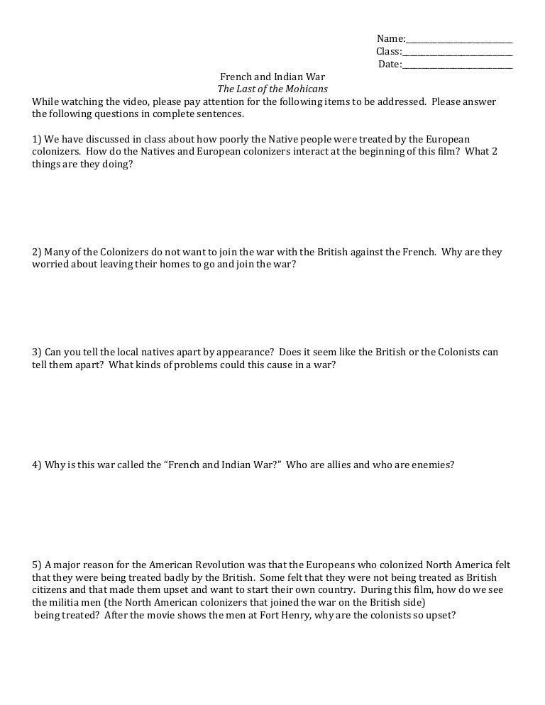 Last of the Mohicans video worksheet