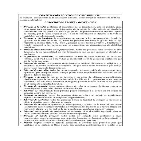 Las tres generaciones de los derechos humanos en la constitucion de 1991