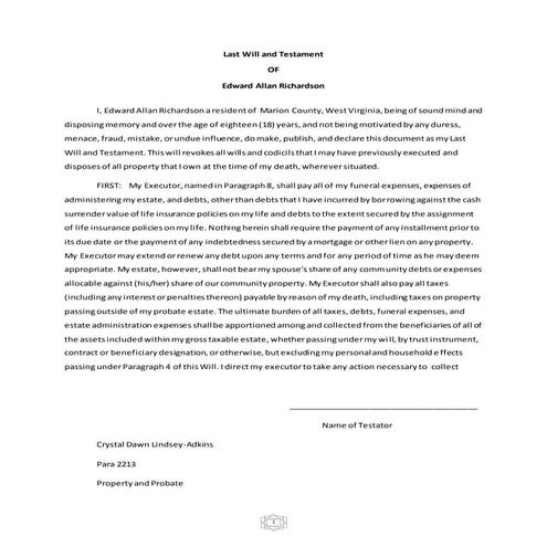 Last will and testament of blank free will pdf | PDF