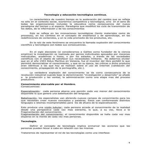 La Tecnologia Y La Educacion Tecnologica Continua