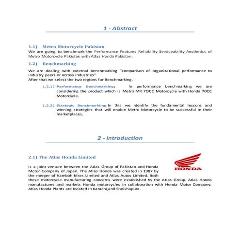 Benchmarking (Atlas Honda vs Metro Motorcycles Pakistan)