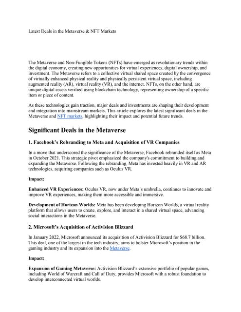 Metaverse NFT Market: The Power of Blockchain in Virtual Worlds | PDF