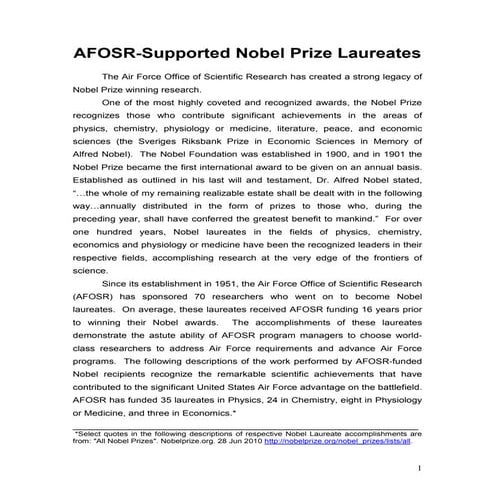 AFOSR-Supported Nobel Prize Laureates