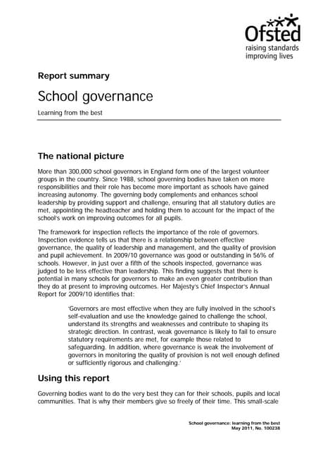 Latest report summary on school gov...