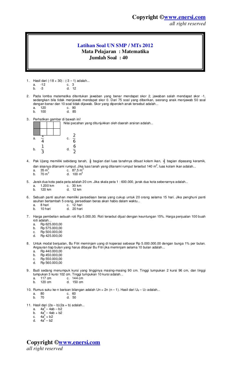 Latihan soalunsmpmts2012matematika