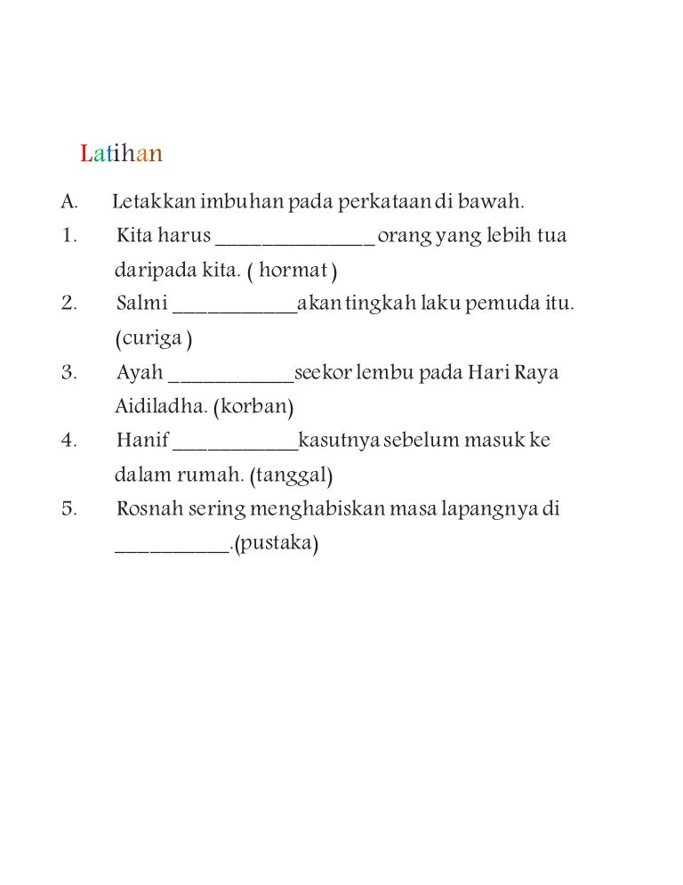 Imbuhan Akhiran Tahun 2 : Latihan imbuhan awalan, akhiran, dan apitan 4