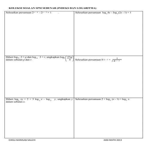 Matematik Tambahan: Index dan Log (sam)