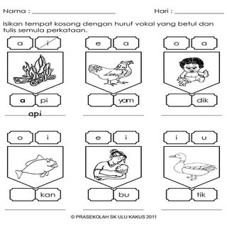 Latihan menulis huruf vokal dan men...