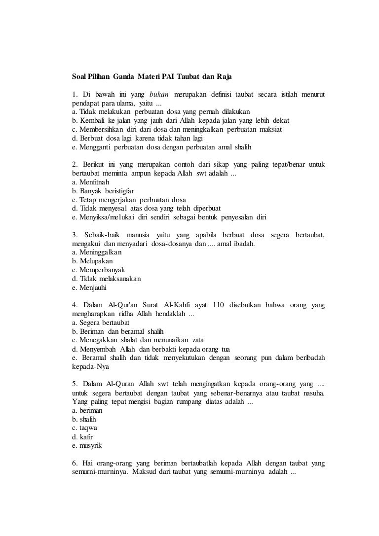 Soal Pilihan Ganda Materi Pai Amal Saleh Jawabanku Id