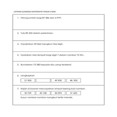 Latihan ulangkaji matematik tahun 4 kssr