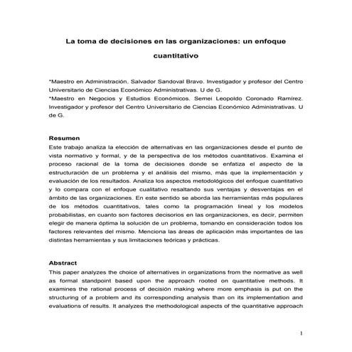 La toma de decisiones en las organizaciones, un enfoque cuantitativo