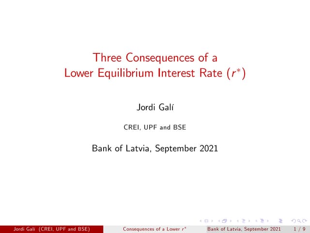 Jordi Galí, Three Consequences of a Lower Equilibrium Interest Rate